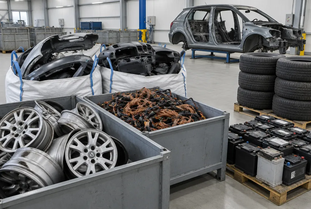 Roztříděná hliníková kola, kabely, plasty, pneumatiky a akumulátory z autovraků v hale