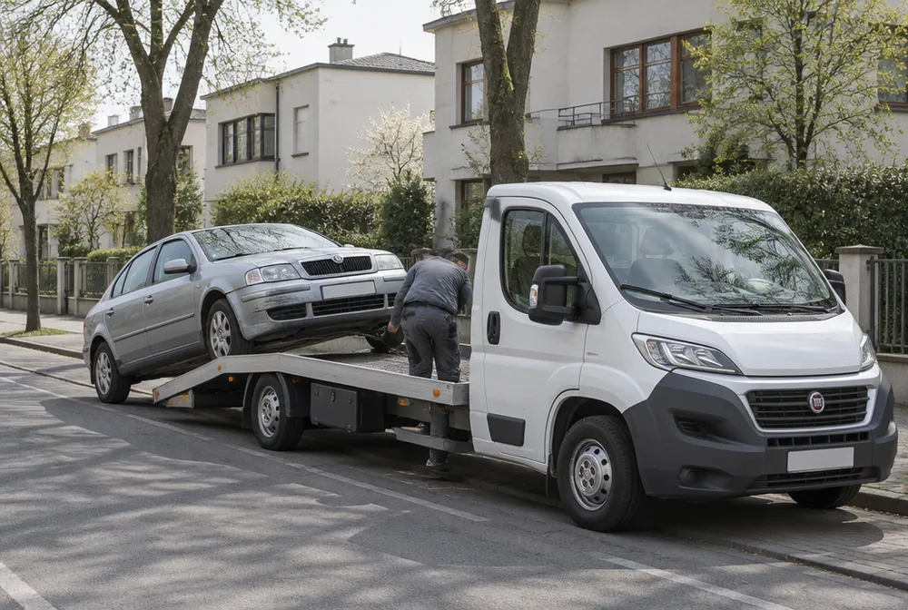 Bílá odtahovka do 3,5 t nakládá starou Škodu Octavii před funkcionalistickými vilami v Dejvicích